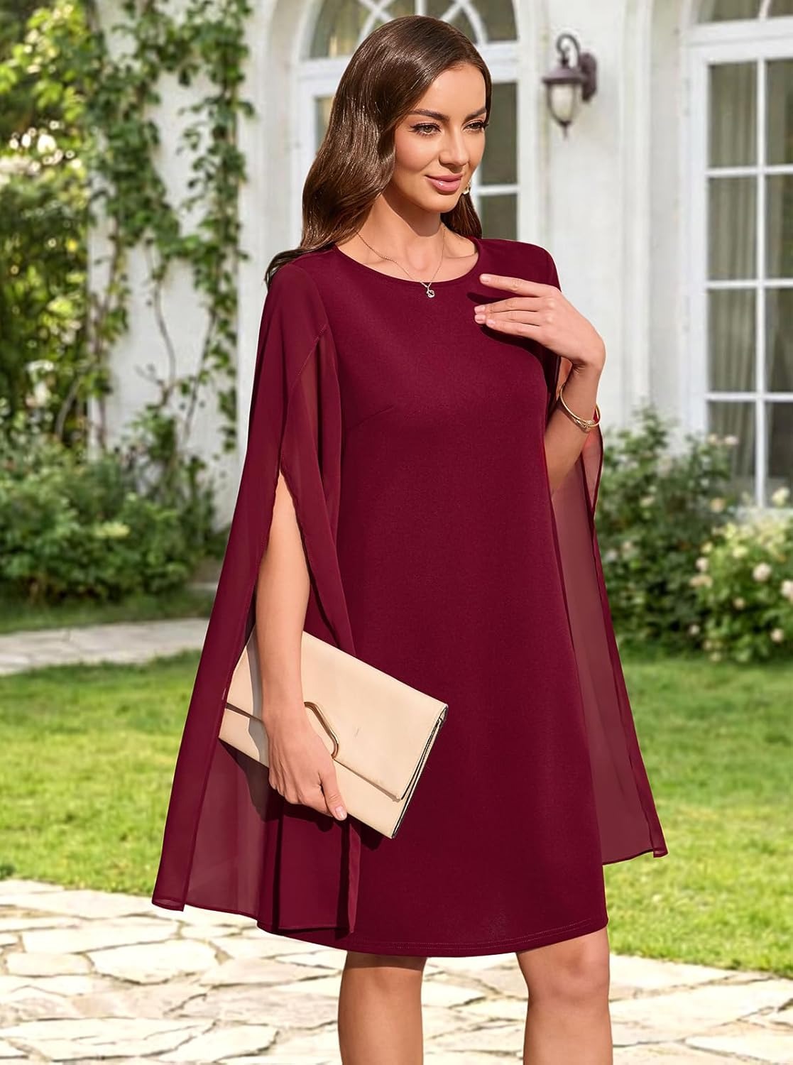 Women's Chiffon Cape Sleeve Shift Cocktail Dress