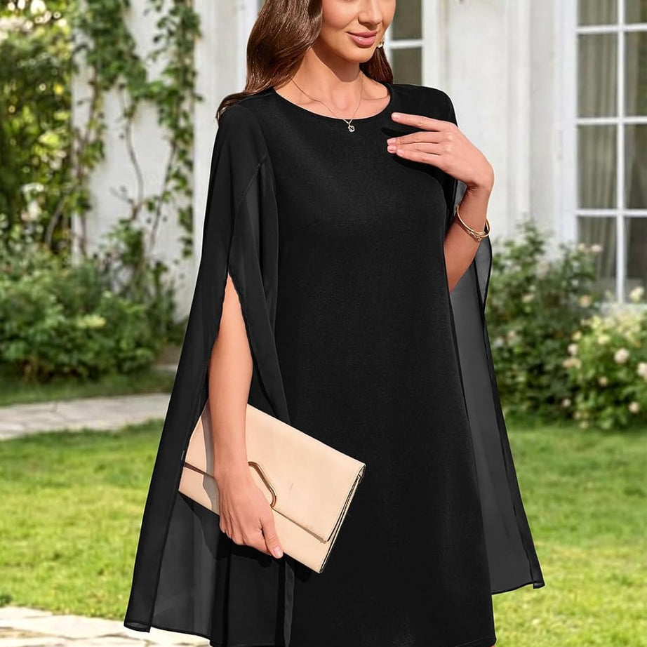 Women's Chiffon Cape Sleeve Shift Cocktail Dress