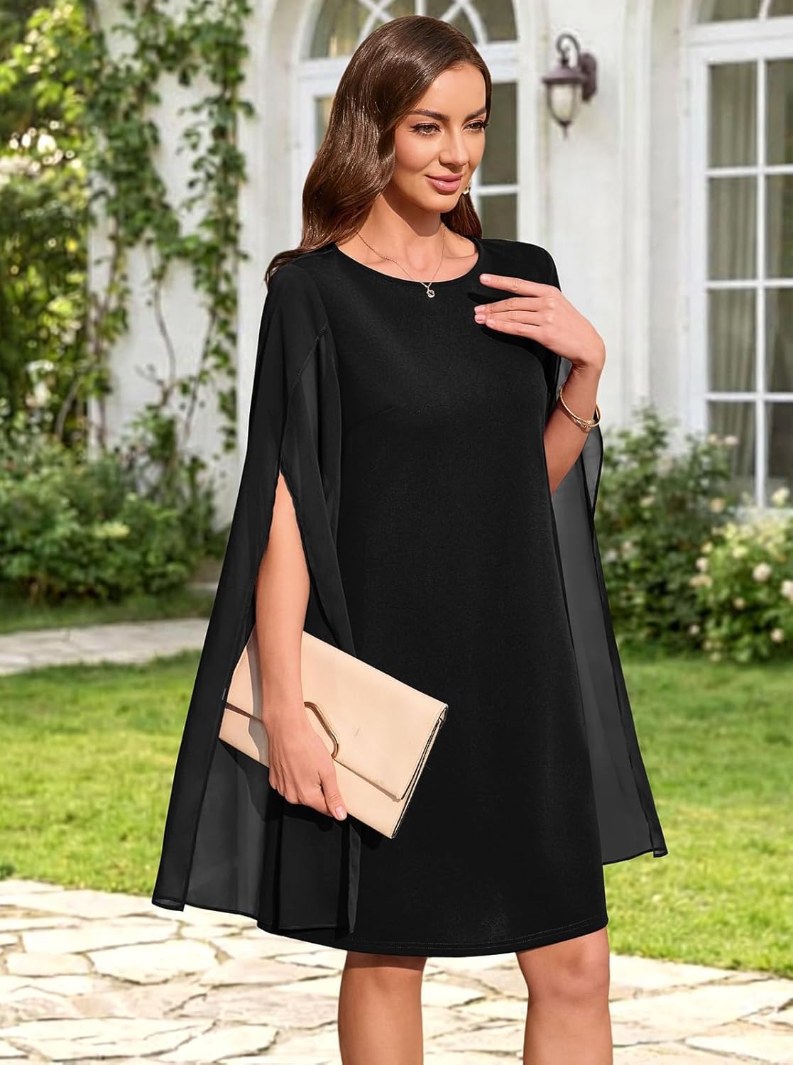 Women's Chiffon Cape Sleeve Shift Cocktail Dress