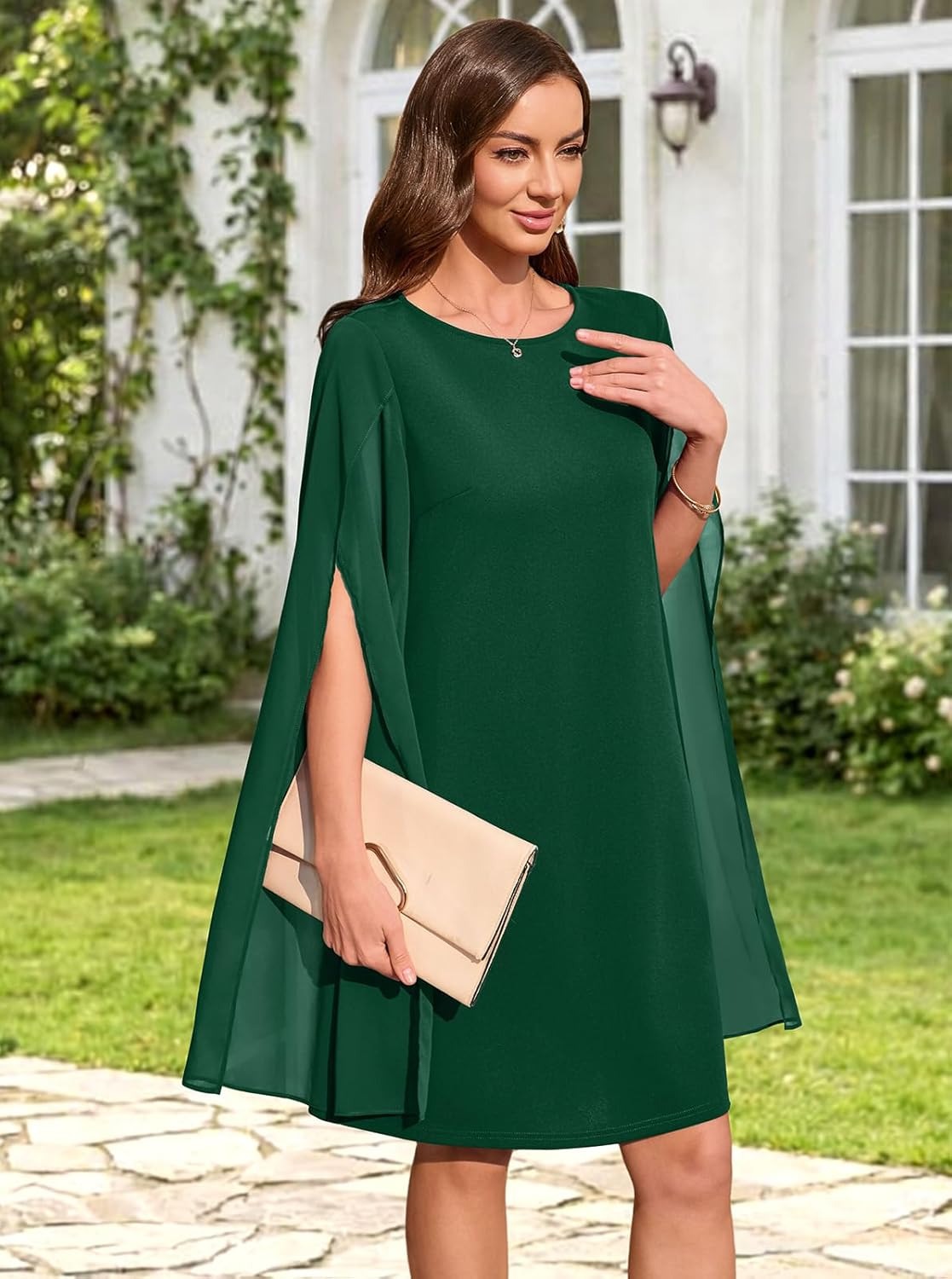 Women's Chiffon Cape Sleeve Shift Cocktail Dress