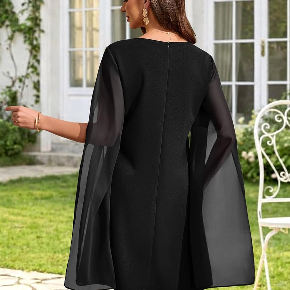 Women's Chiffon Cape Sleeve Shift Cocktail Dress