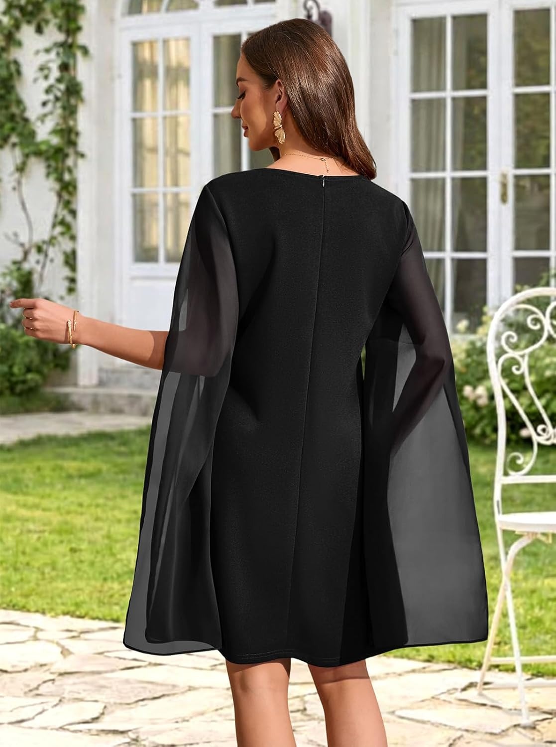 Women's Chiffon Cape Sleeve Shift Cocktail Dress