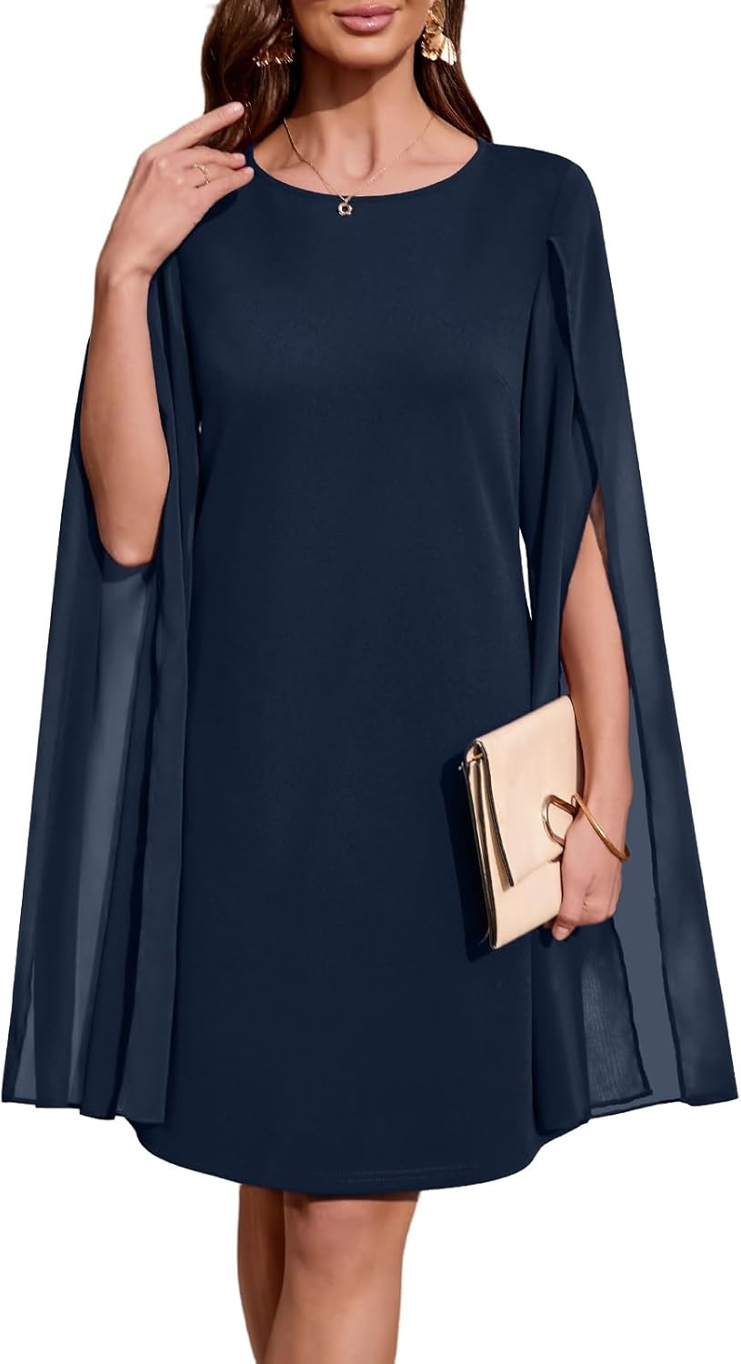 Women's Chiffon Cape Sleeve Shift Cocktail Dress