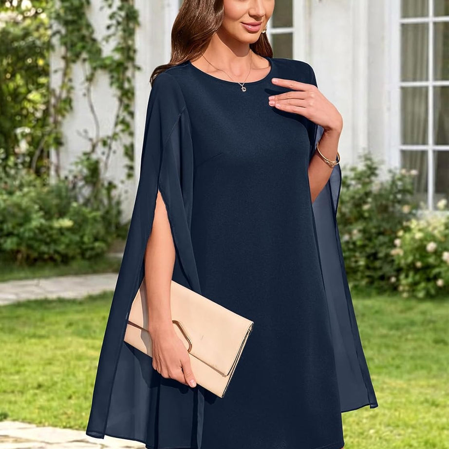 Women's Chiffon Cape Sleeve Shift Cocktail Dress