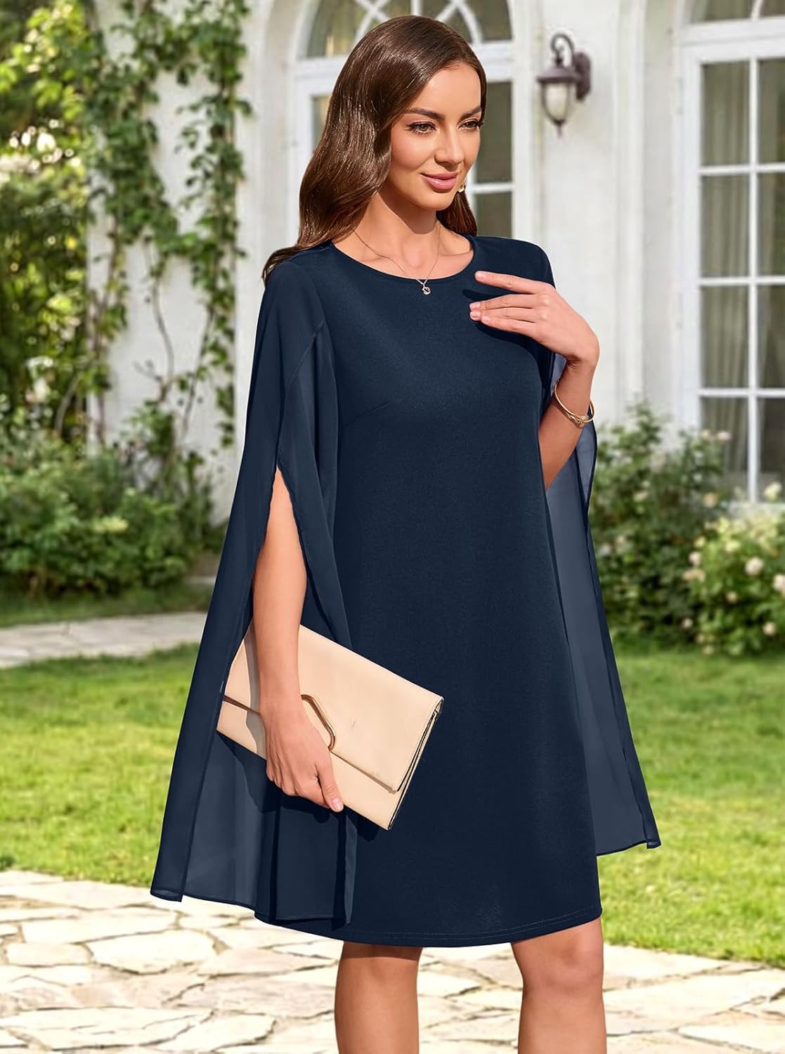 Women's Chiffon Cape Sleeve Shift Cocktail Dress