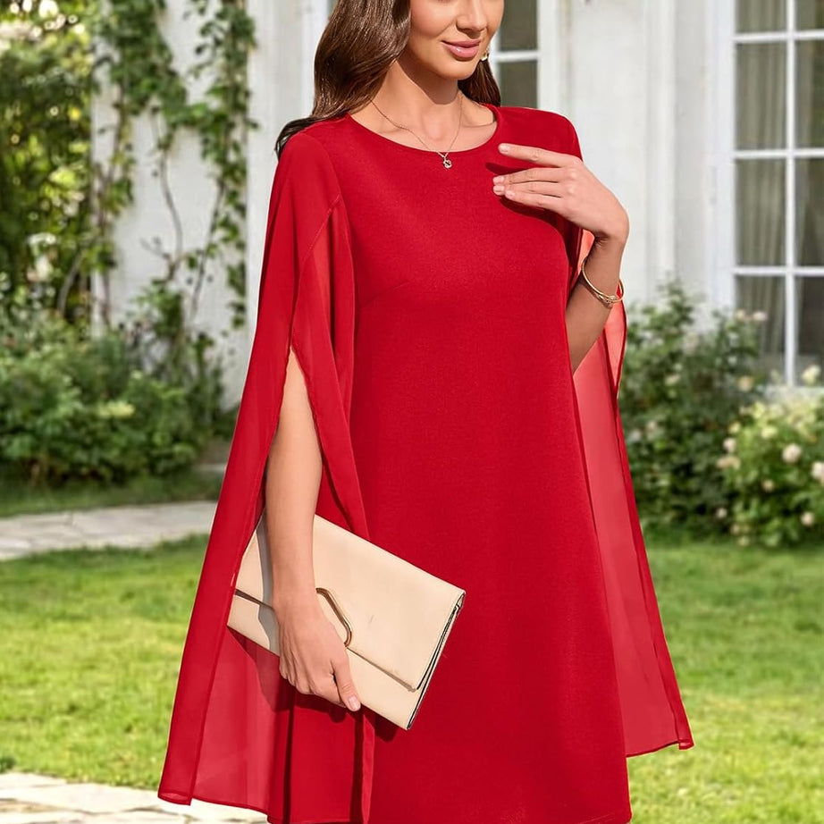 Women's Chiffon Cape Sleeve Shift Cocktail Dress