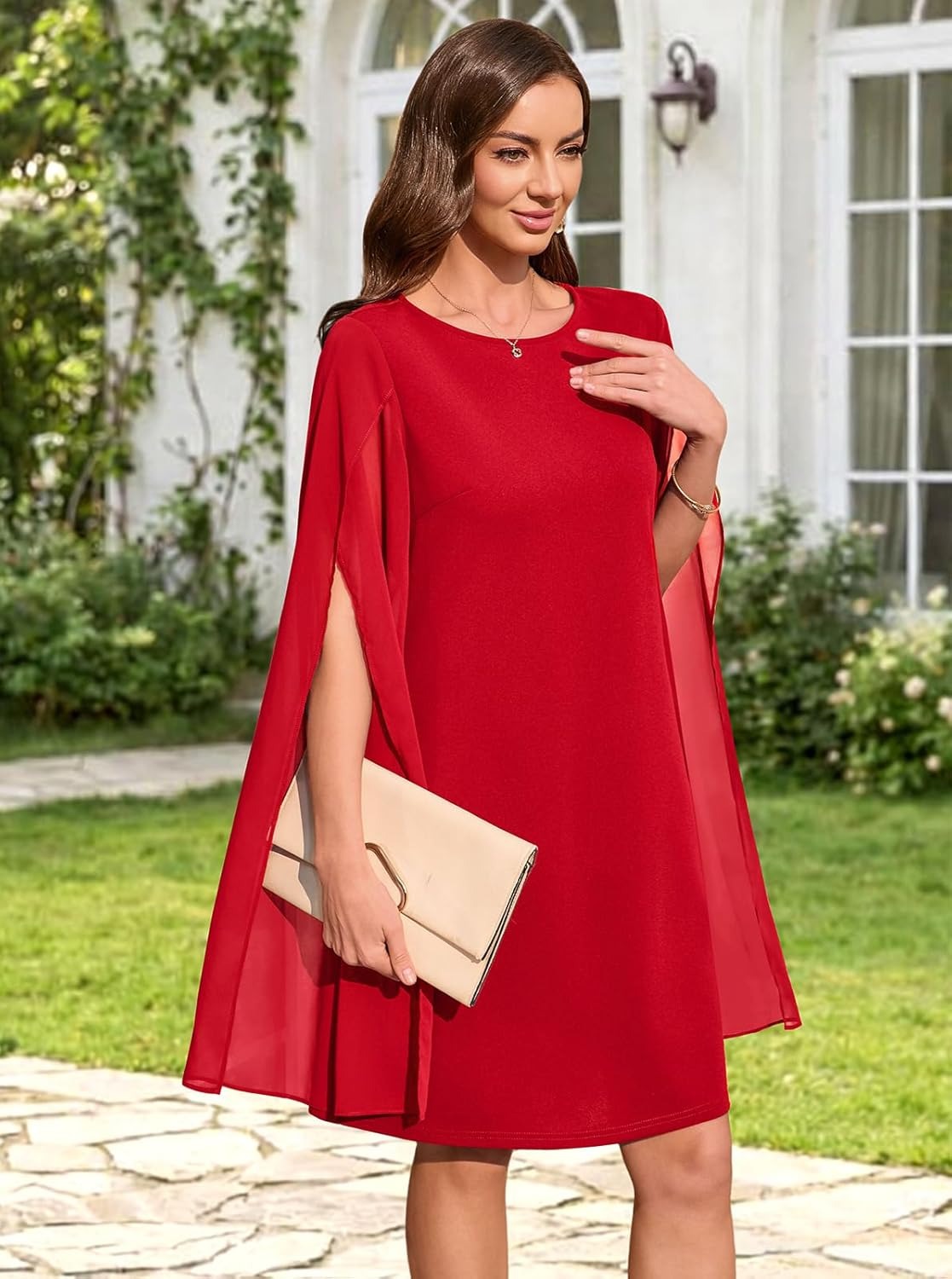 Women's Chiffon Cape Sleeve Shift Cocktail Dress