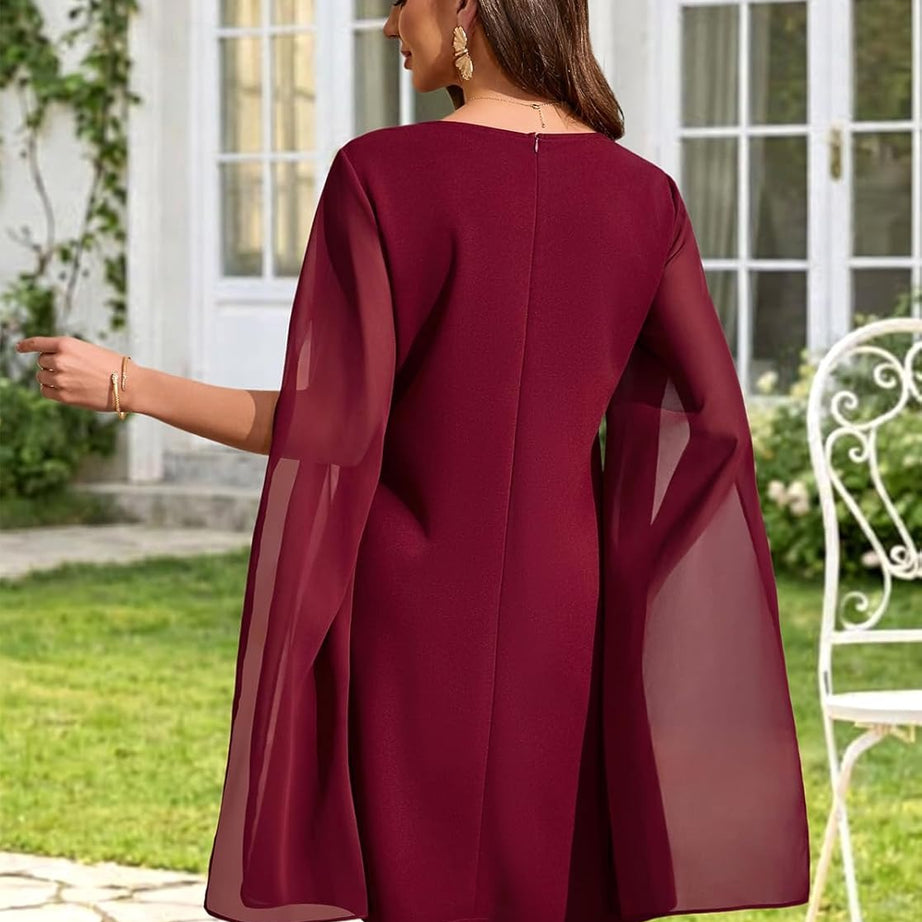 Women's Chiffon Cape Sleeve Shift Cocktail Dress