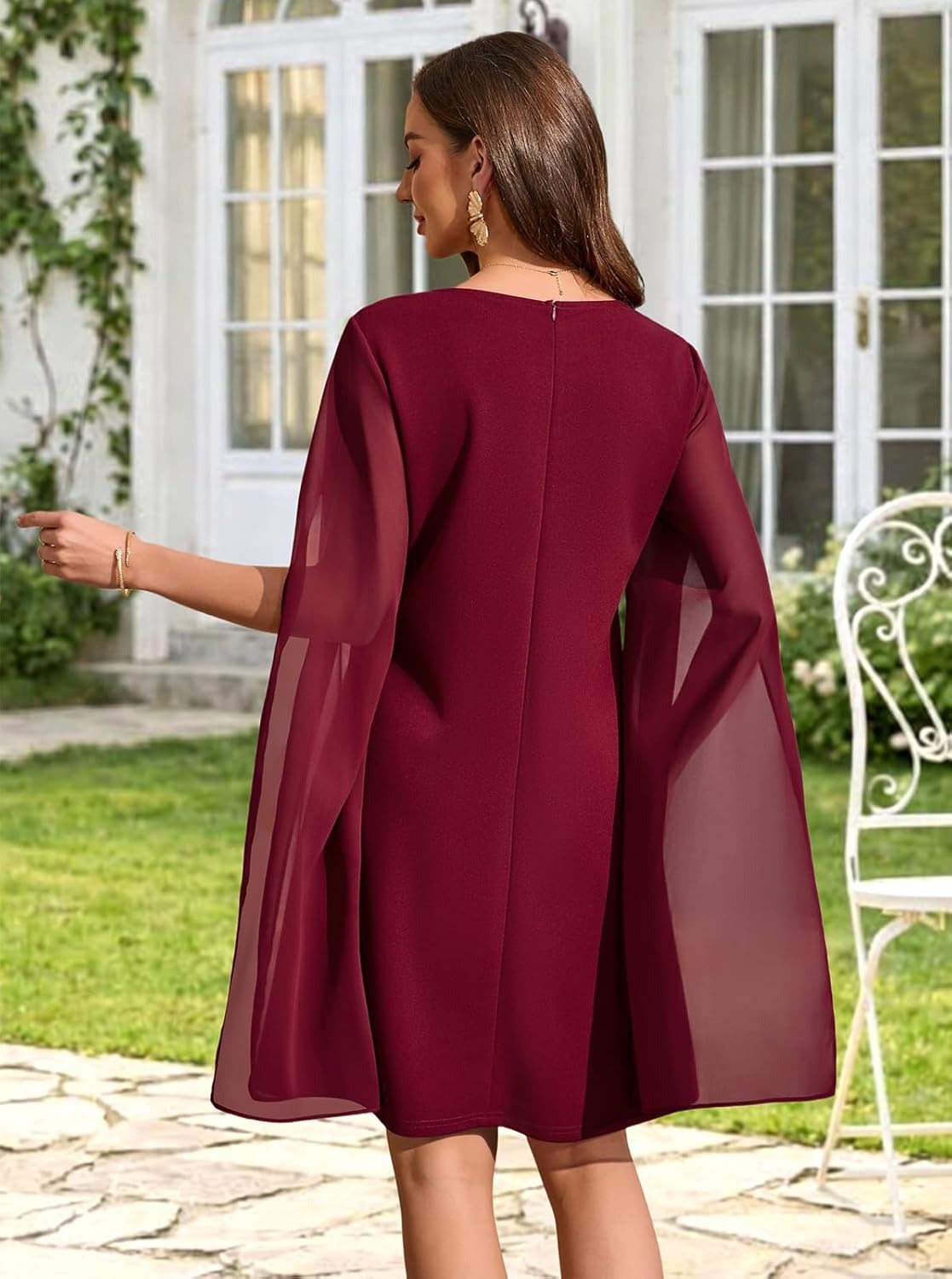 Women's Chiffon Cape Sleeve Shift Cocktail Dress