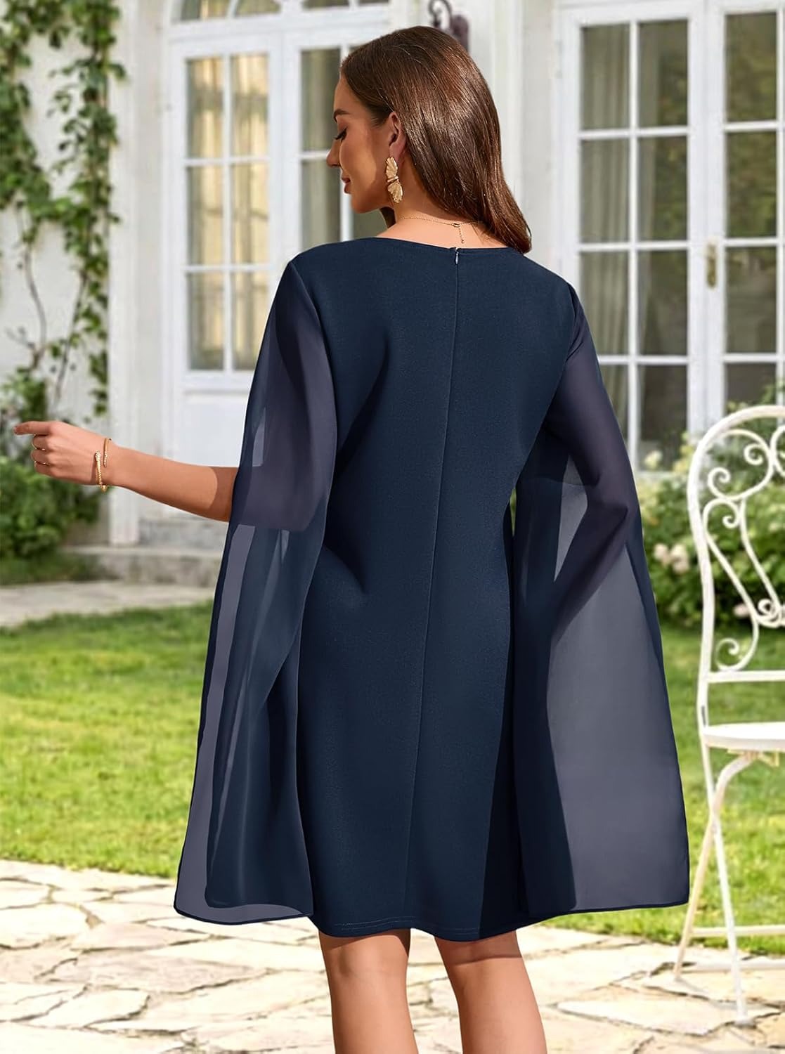 Women's Chiffon Cape Sleeve Shift Cocktail Dress