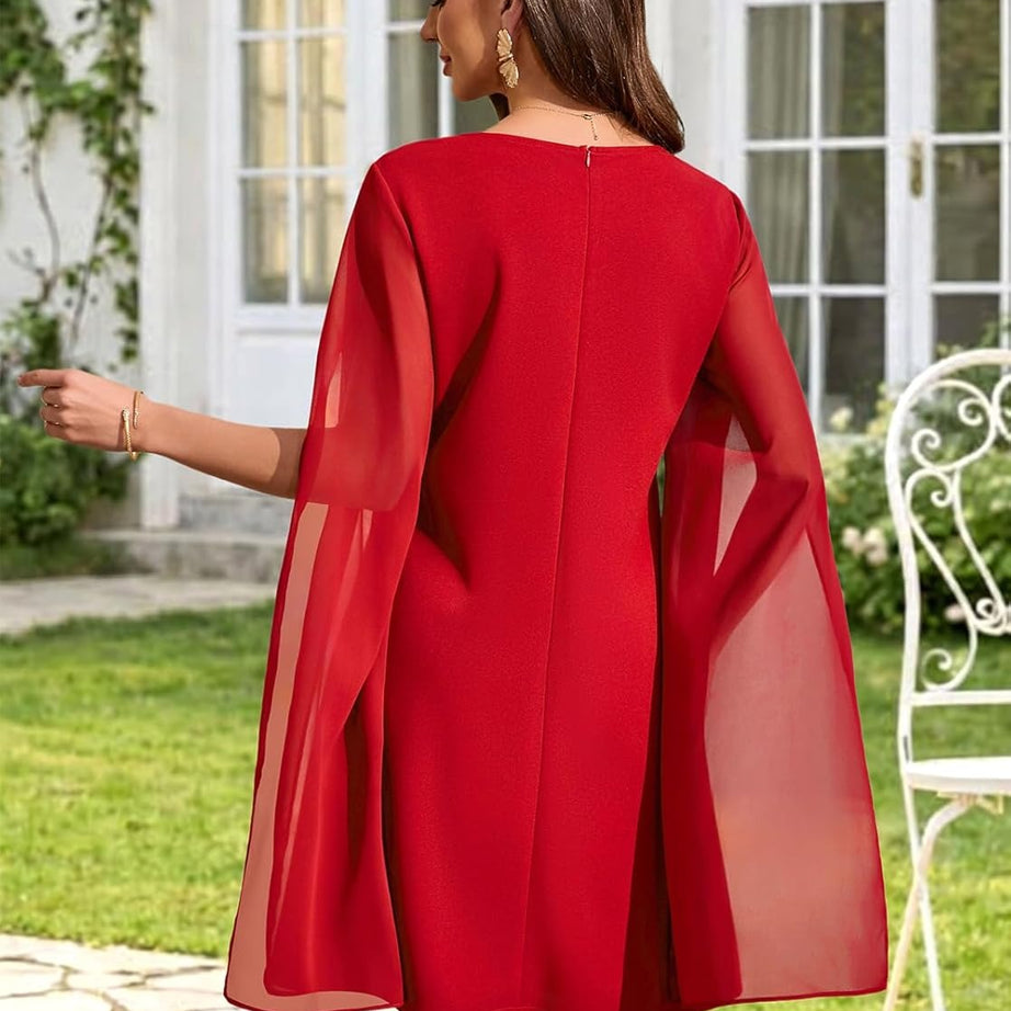 Women's Chiffon Cape Sleeve Shift Cocktail Dress