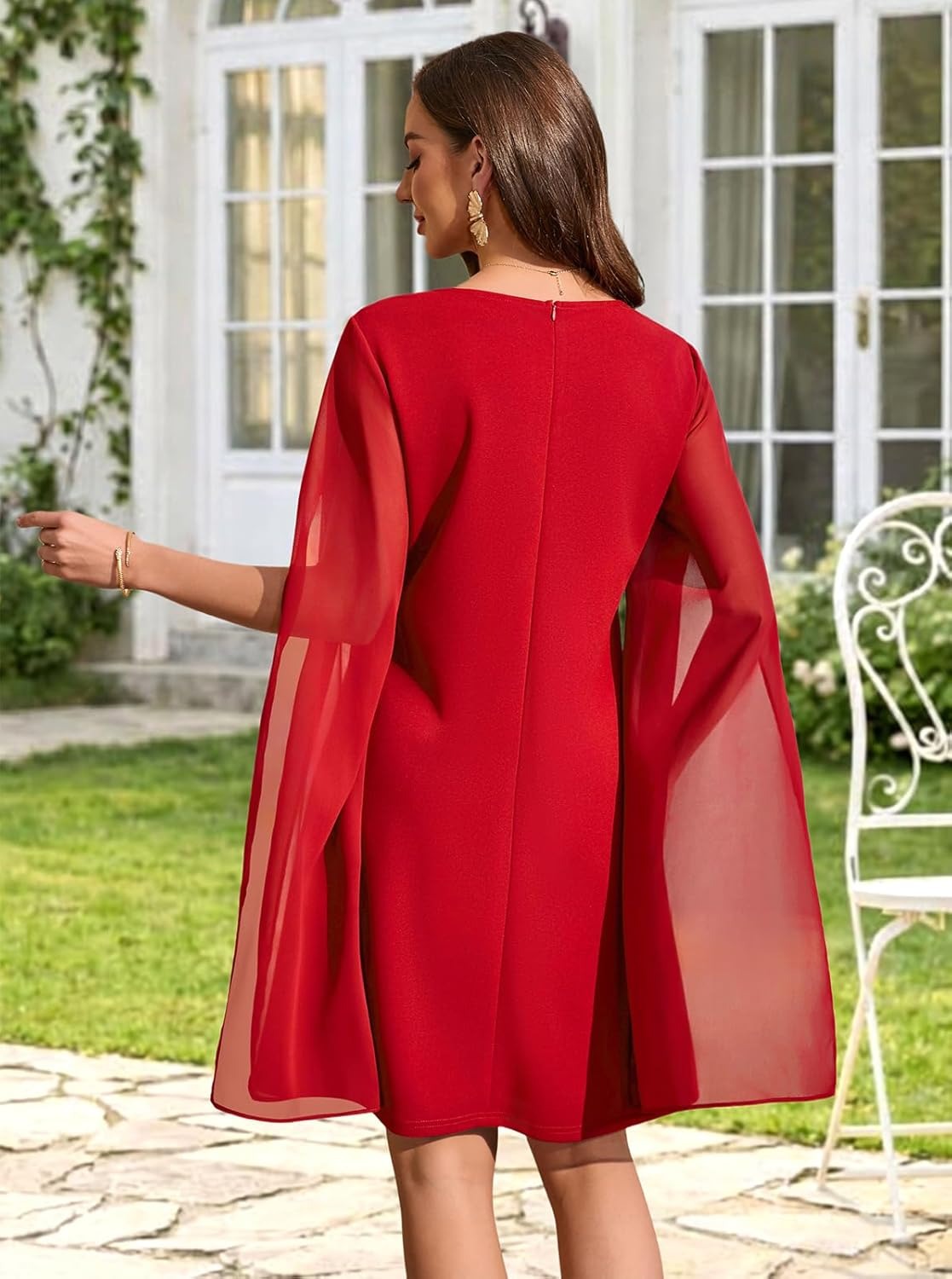 Women's Chiffon Cape Sleeve Shift Cocktail Dress