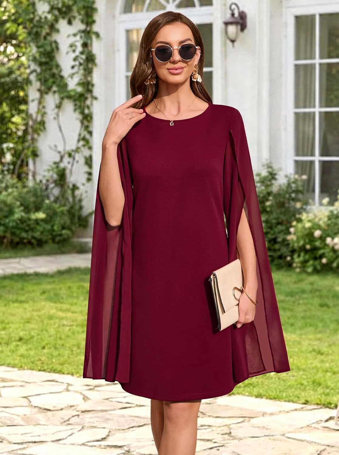 Women's Chiffon Cape Sleeve Shift Cocktail Dress