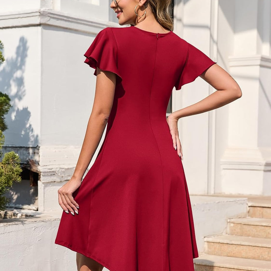 Women's Ruffle Sleeve Ruched Waist High Low A Line Midi Dress