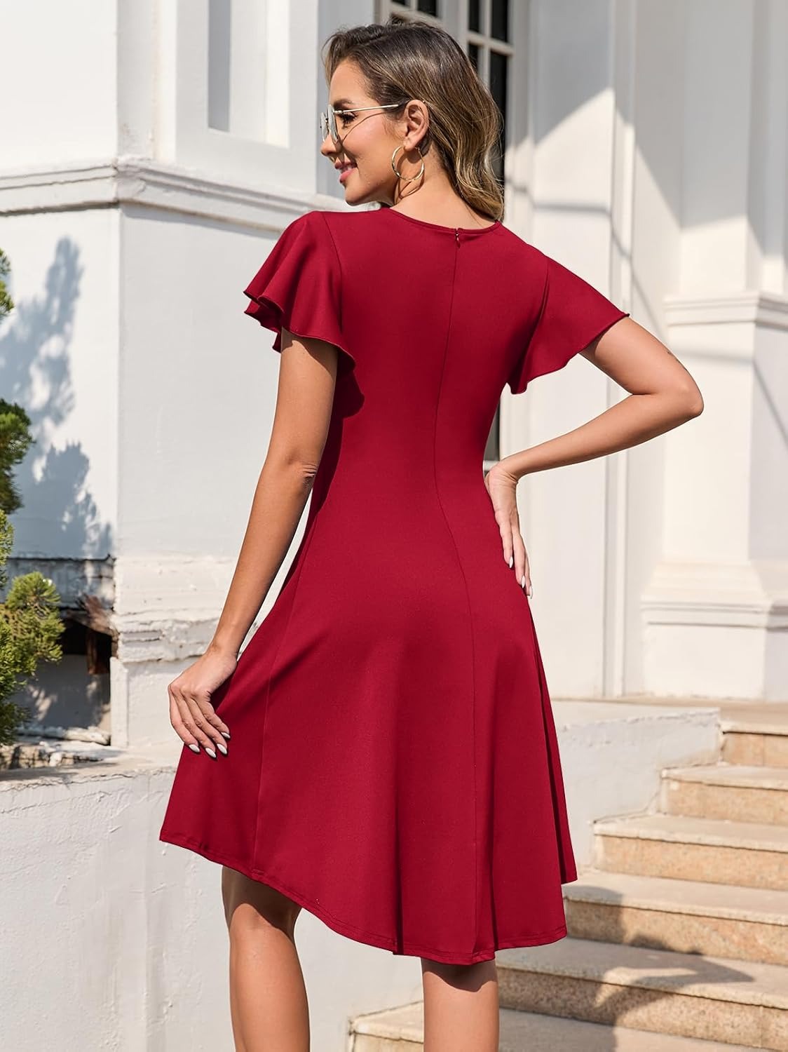 Women's Ruffle Sleeve Ruched Waist High Low A Line Midi Dress