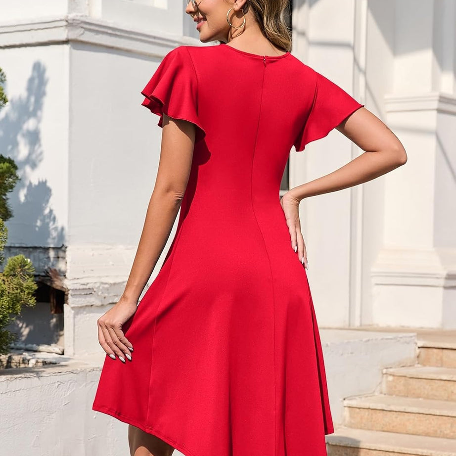 Women's Ruffle Sleeve Ruched Waist High Low A Line Midi Dress