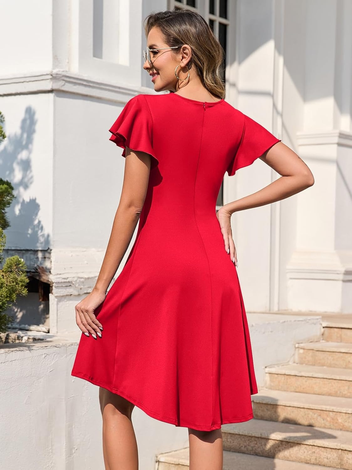 Women's Ruffle Sleeve Ruched Waist High Low A Line Midi Dress