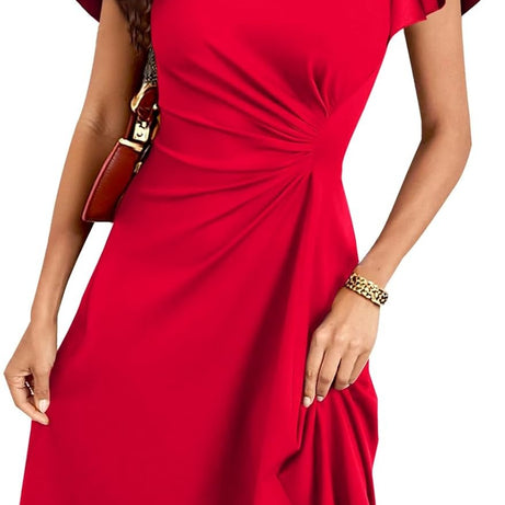 Women's Ruffle Sleeve Ruched Waist High Low A Line Midi Dress