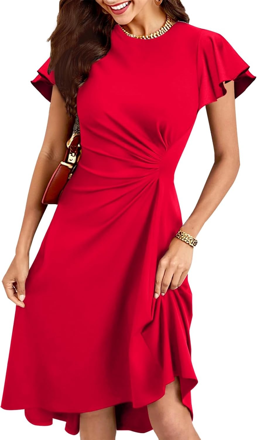 Women's Ruffle Sleeve Ruched Waist High Low A Line Midi Dress