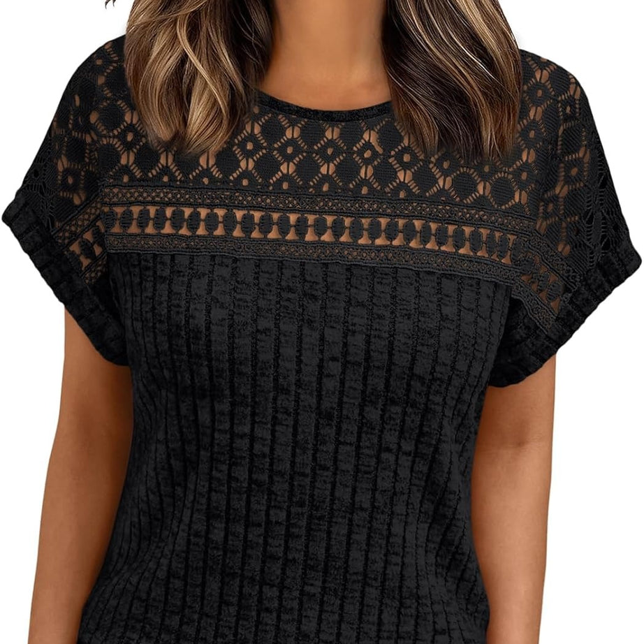Women's Lace Trim Crochet Short Sleeve Loose Blouse