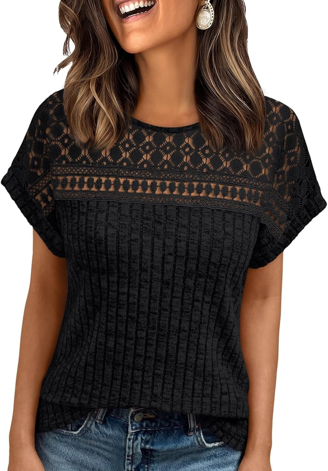 Women's Lace Trim Crochet Short Sleeve Loose Blouse