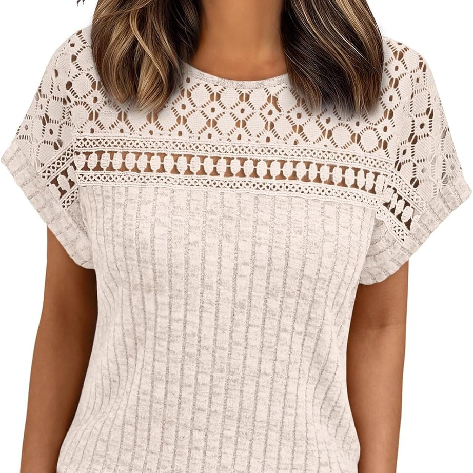Women's Lace Trim Crochet Short Sleeve Loose Blouse