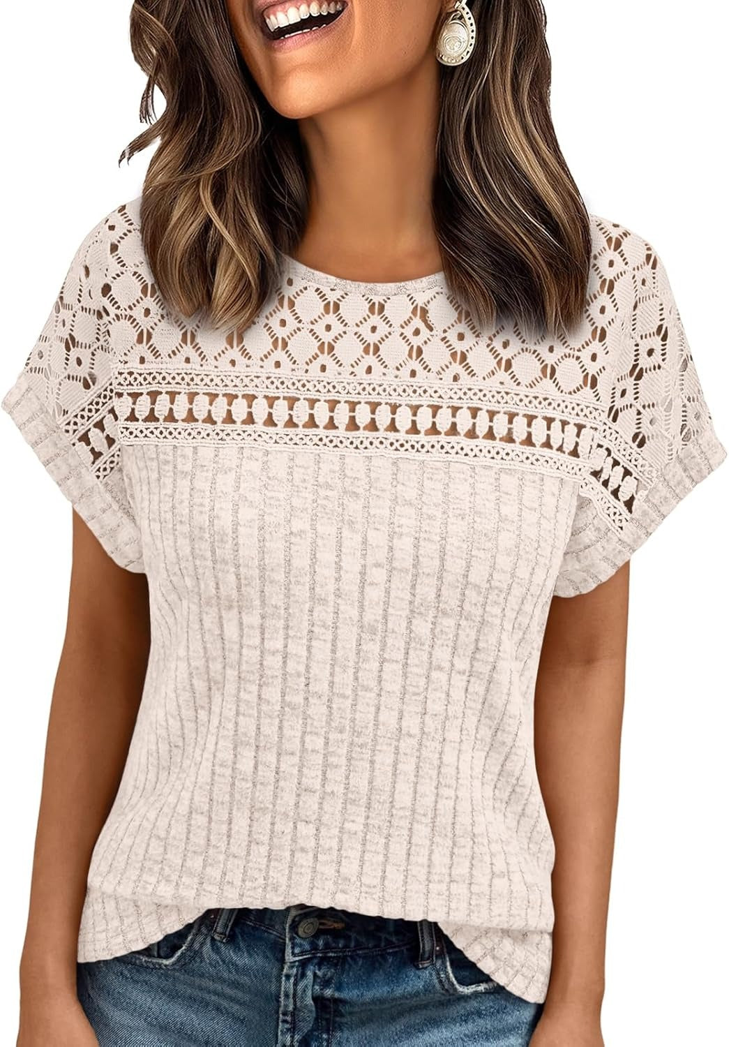 Women's Lace Trim Crochet Short Sleeve Loose Blouse