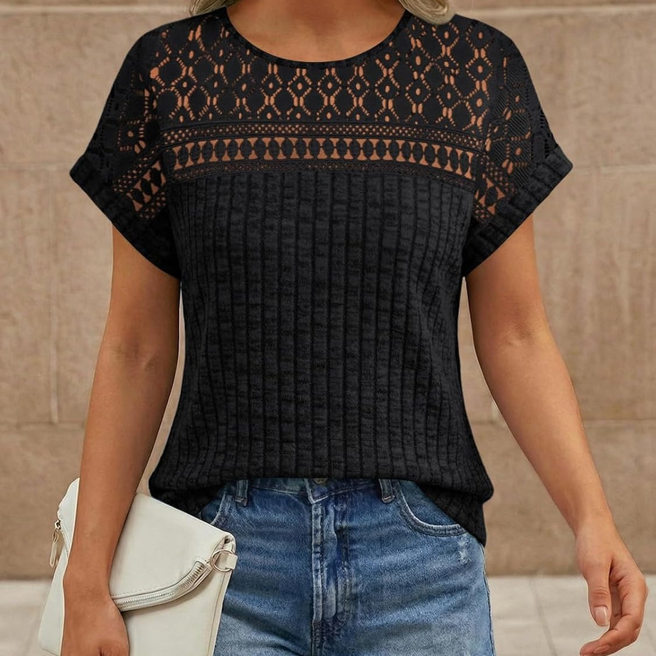 Women's Lace Trim Crochet Short Sleeve Loose Blouse