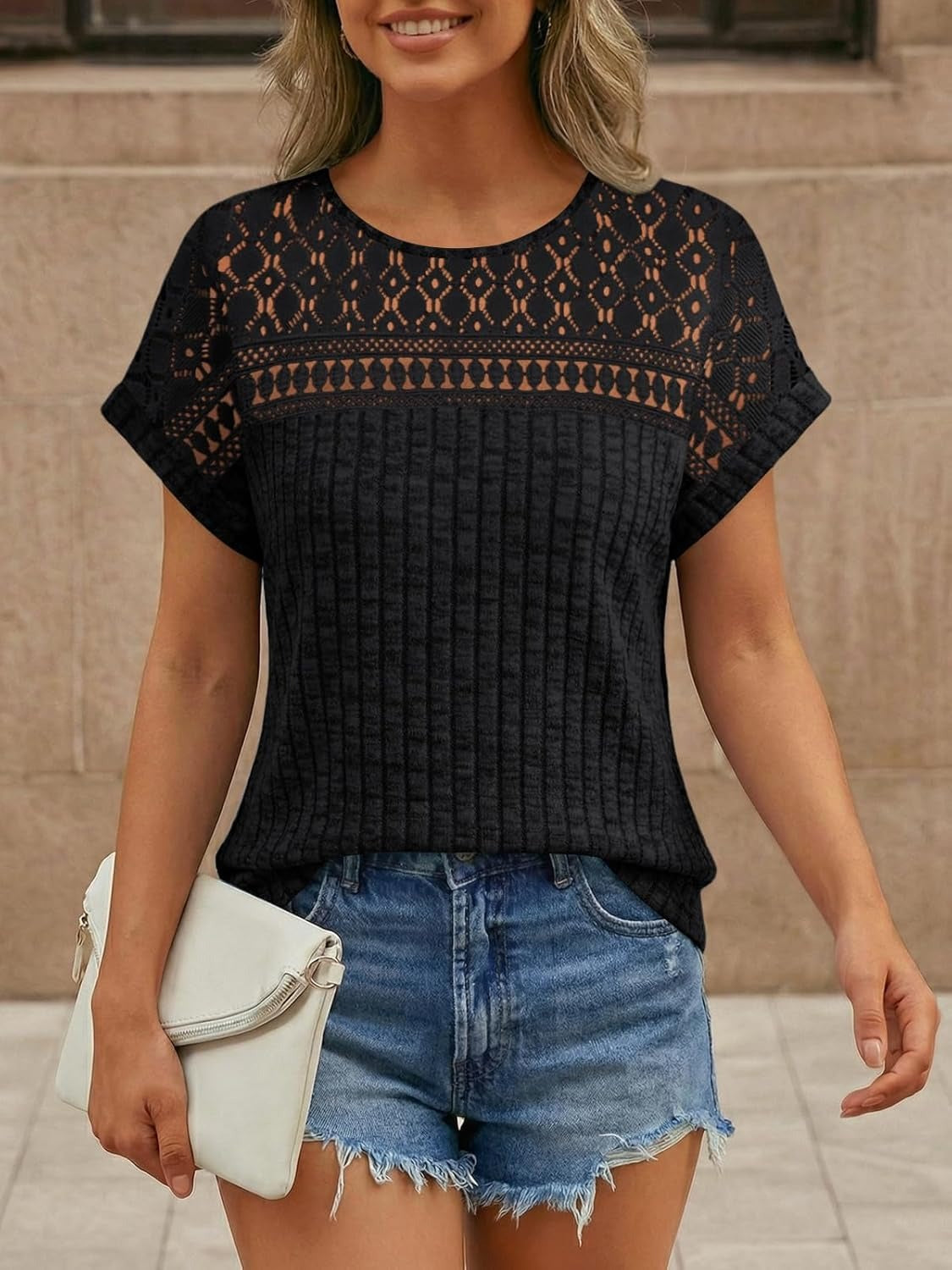 Women's Lace Trim Crochet Short Sleeve Loose Blouse