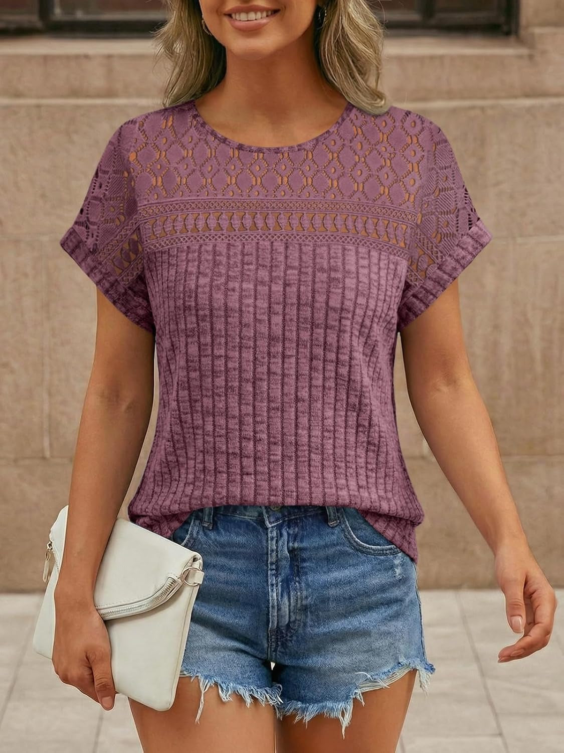 Women's Lace Trim Crochet Short Sleeve Loose Blouse
