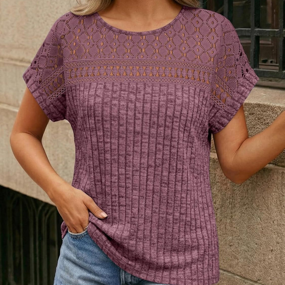 Women's Lace Trim Crochet Short Sleeve Loose Blouse