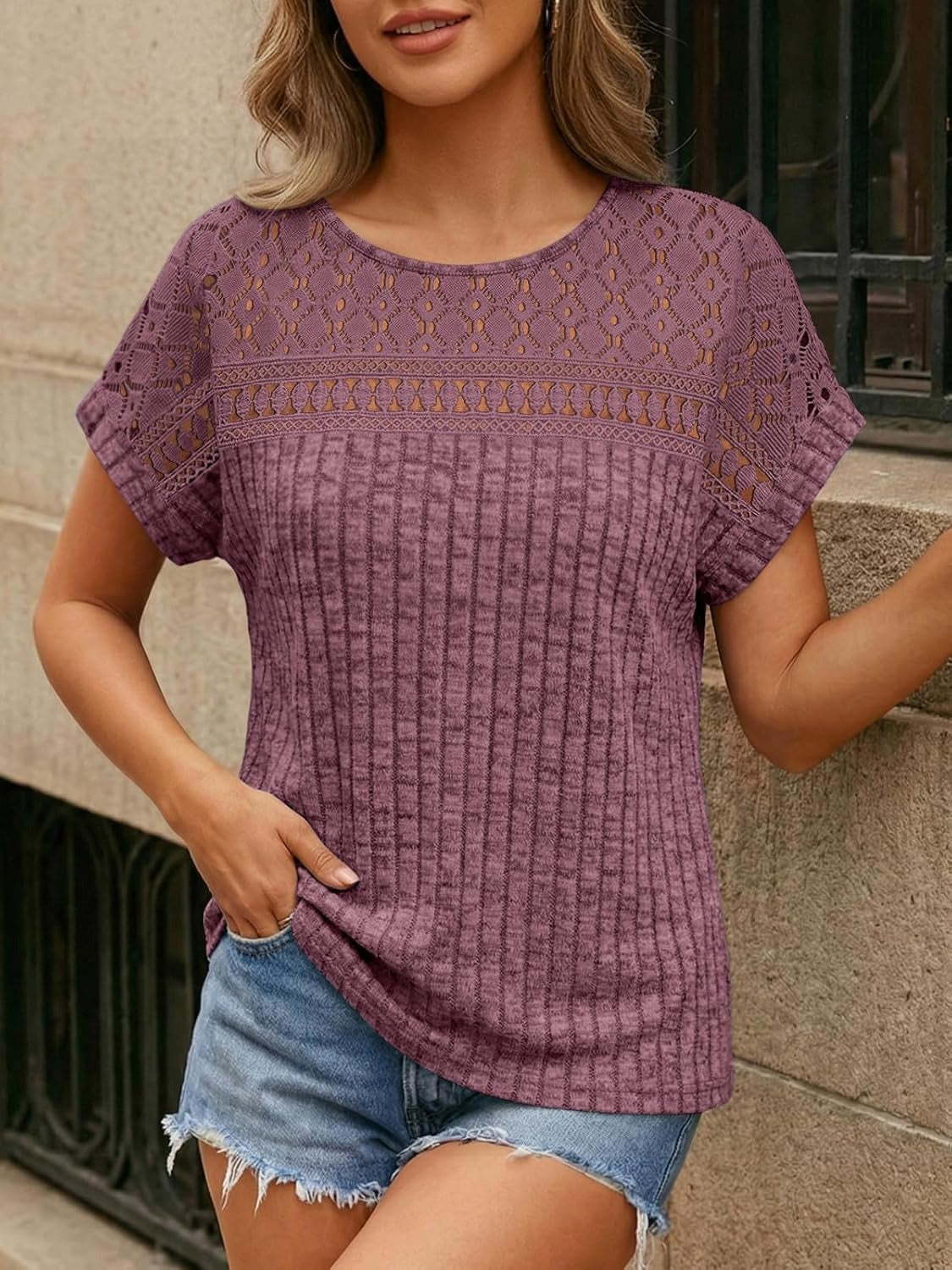 Women's Lace Trim Crochet Short Sleeve Loose Blouse