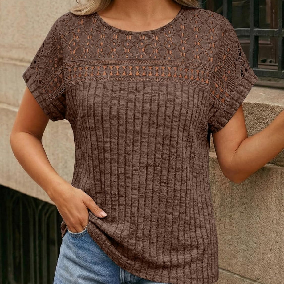 Women's Lace Trim Crochet Short Sleeve Loose Blouse