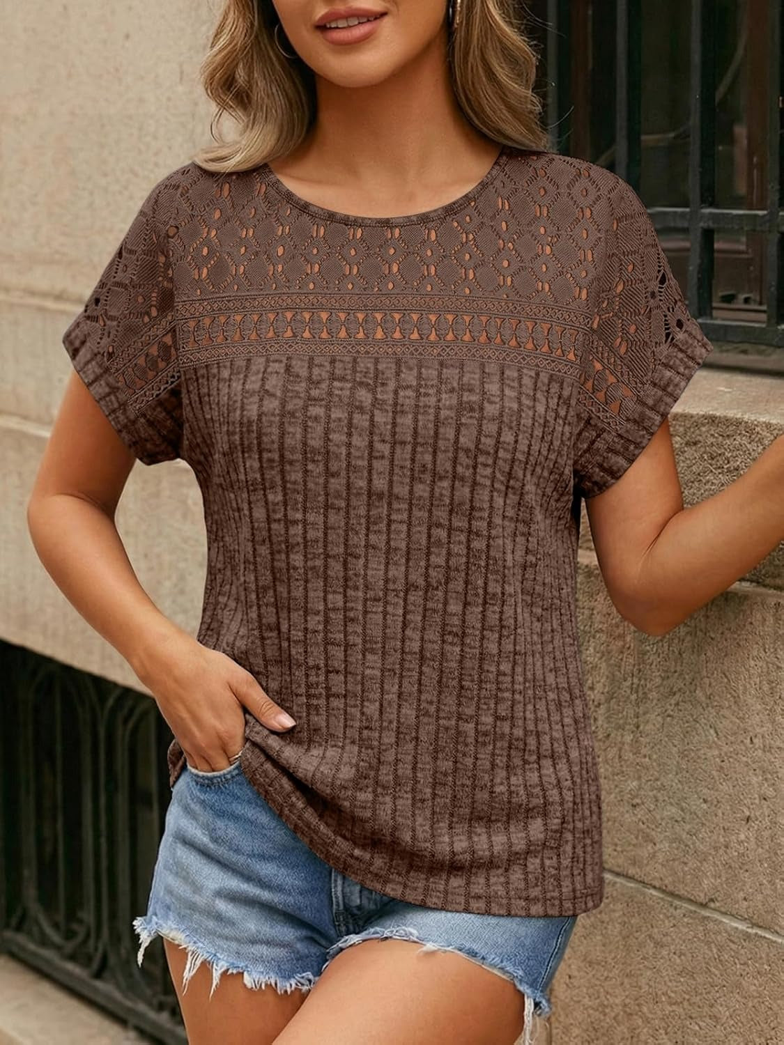 Women's Lace Trim Crochet Short Sleeve Loose Blouse