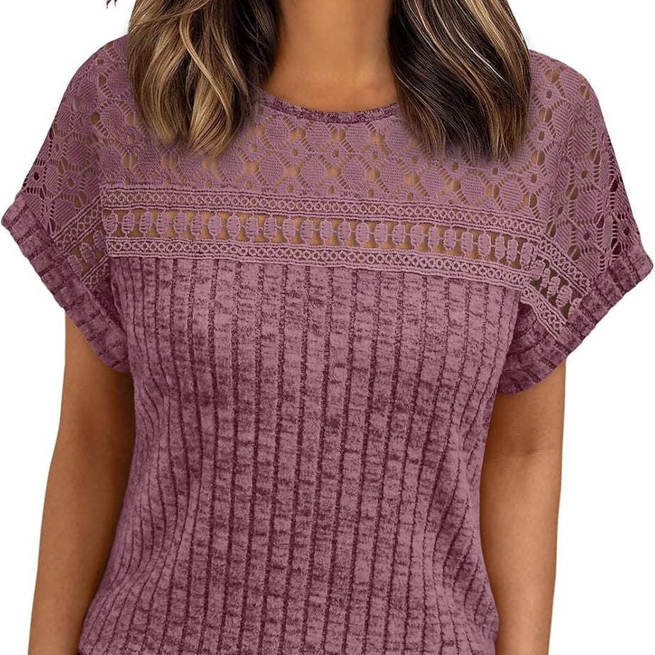 Women's Lace Trim Crochet Short Sleeve Loose Blouse
