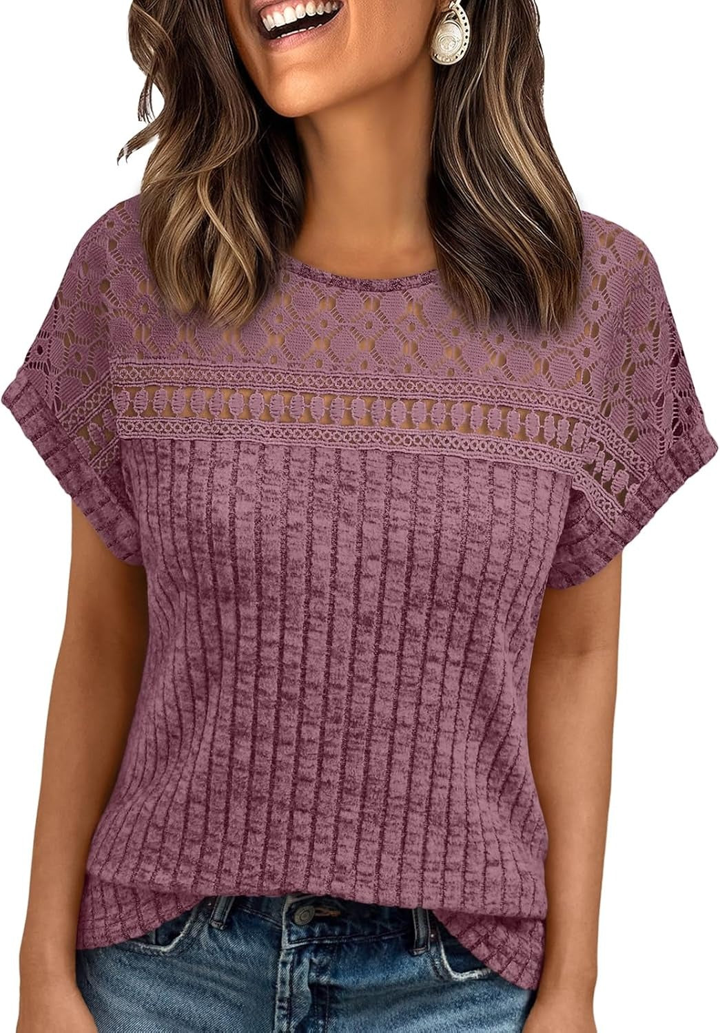 Women's Lace Trim Crochet Short Sleeve Loose Blouse