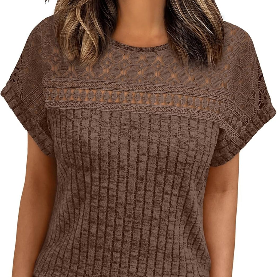 Women's Lace Trim Crochet Short Sleeve Loose Blouse