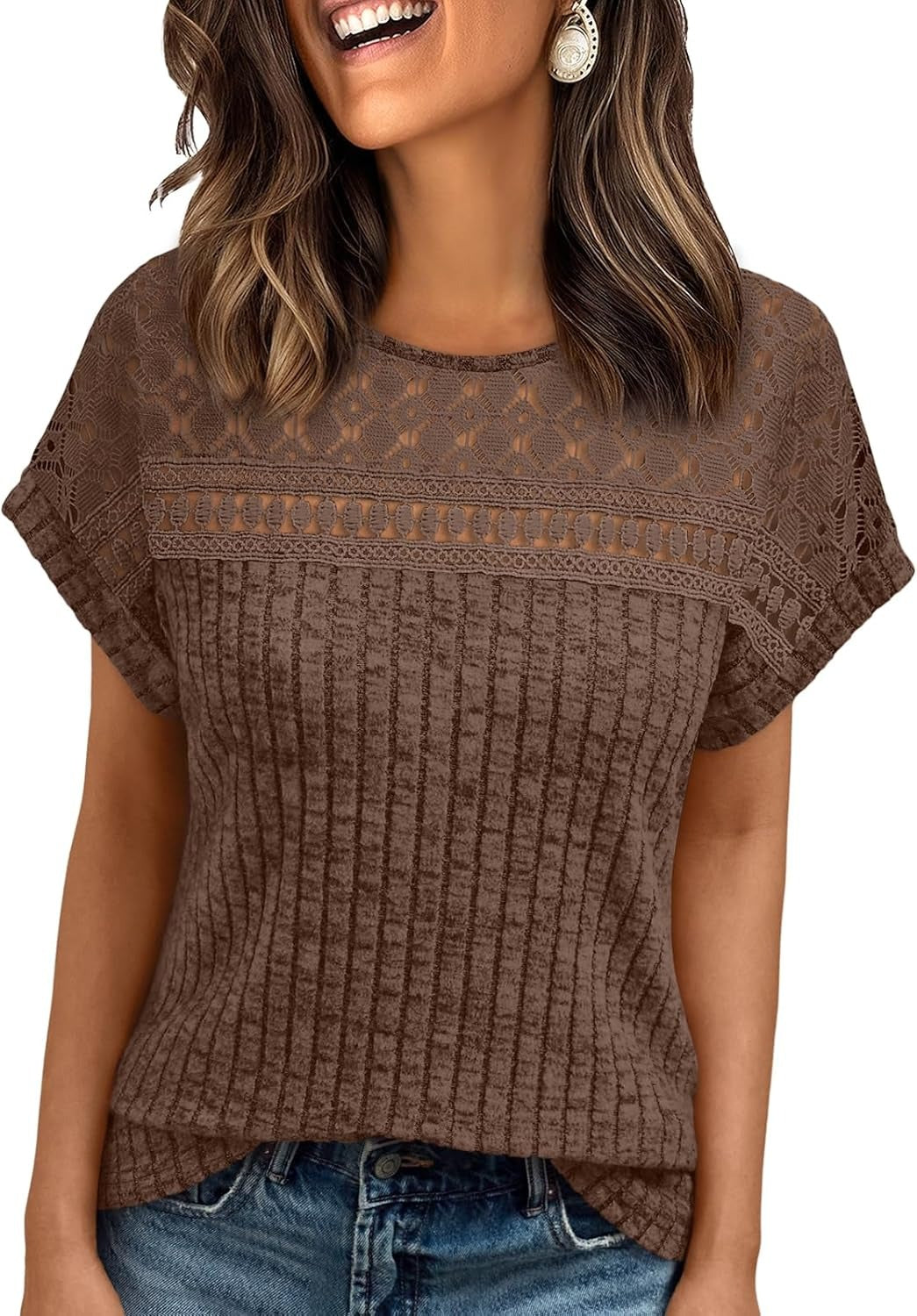 Women's Lace Trim Crochet Short Sleeve Loose Blouse