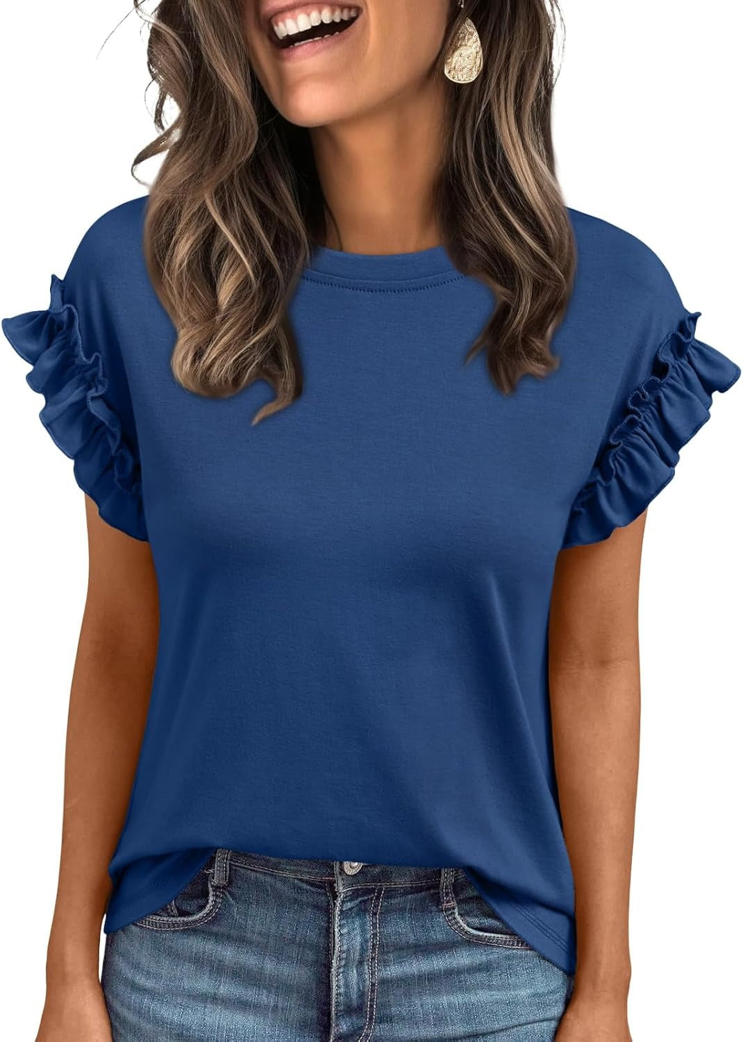 Women's Ruffle Sleeve Crewneck Dressy Casual Work Top