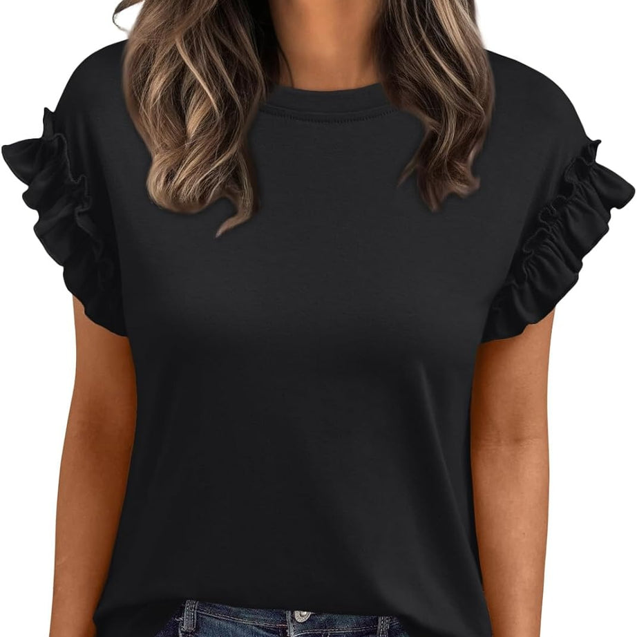 Women's Ruffle Sleeve Crewneck Dressy Casual Work Top