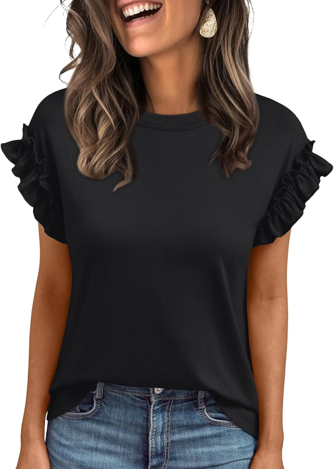 Women's Ruffle Sleeve Crewneck Dressy Casual Work Top