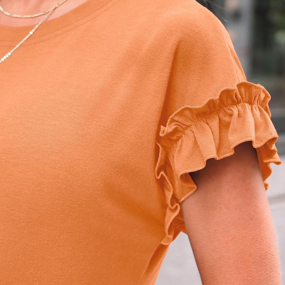 Women's Ruffle Sleeve Crewneck Dressy Casual Work Top