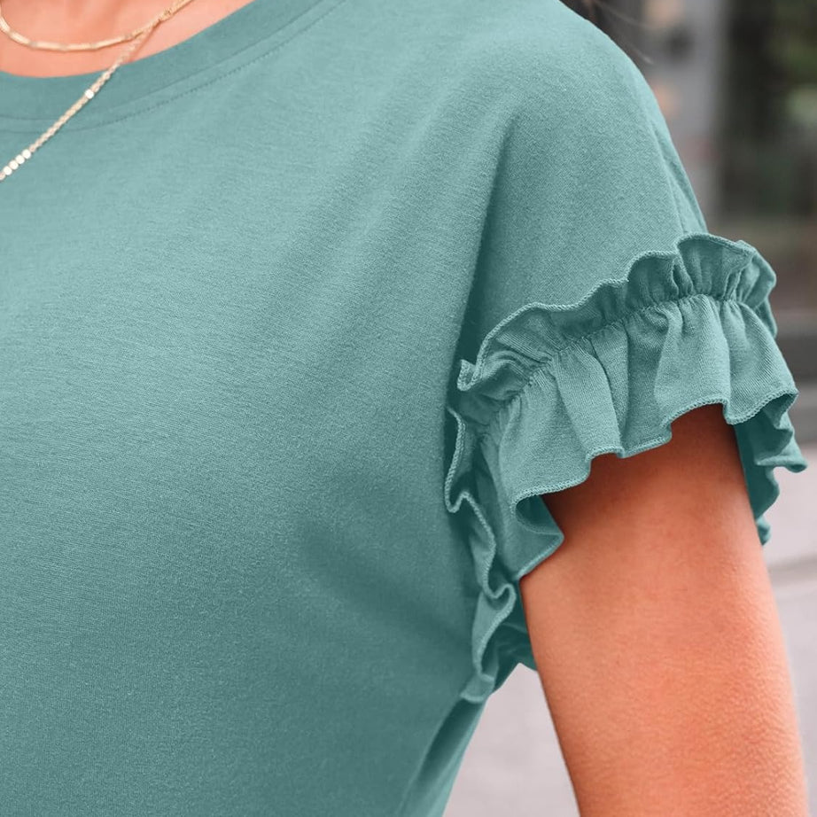 Women's Ruffle Sleeve Crewneck Dressy Casual Work Top