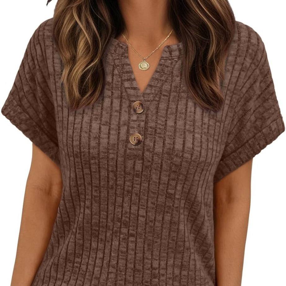 Women's Henley V Neck Loose Fit Tunic Top