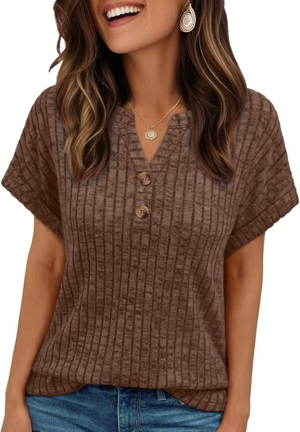 Women's Henley V Neck Loose Fit Tunic Top