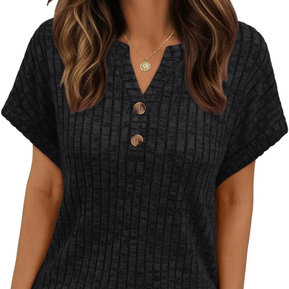 Women's Henley V Neck Loose Fit Tunic Top