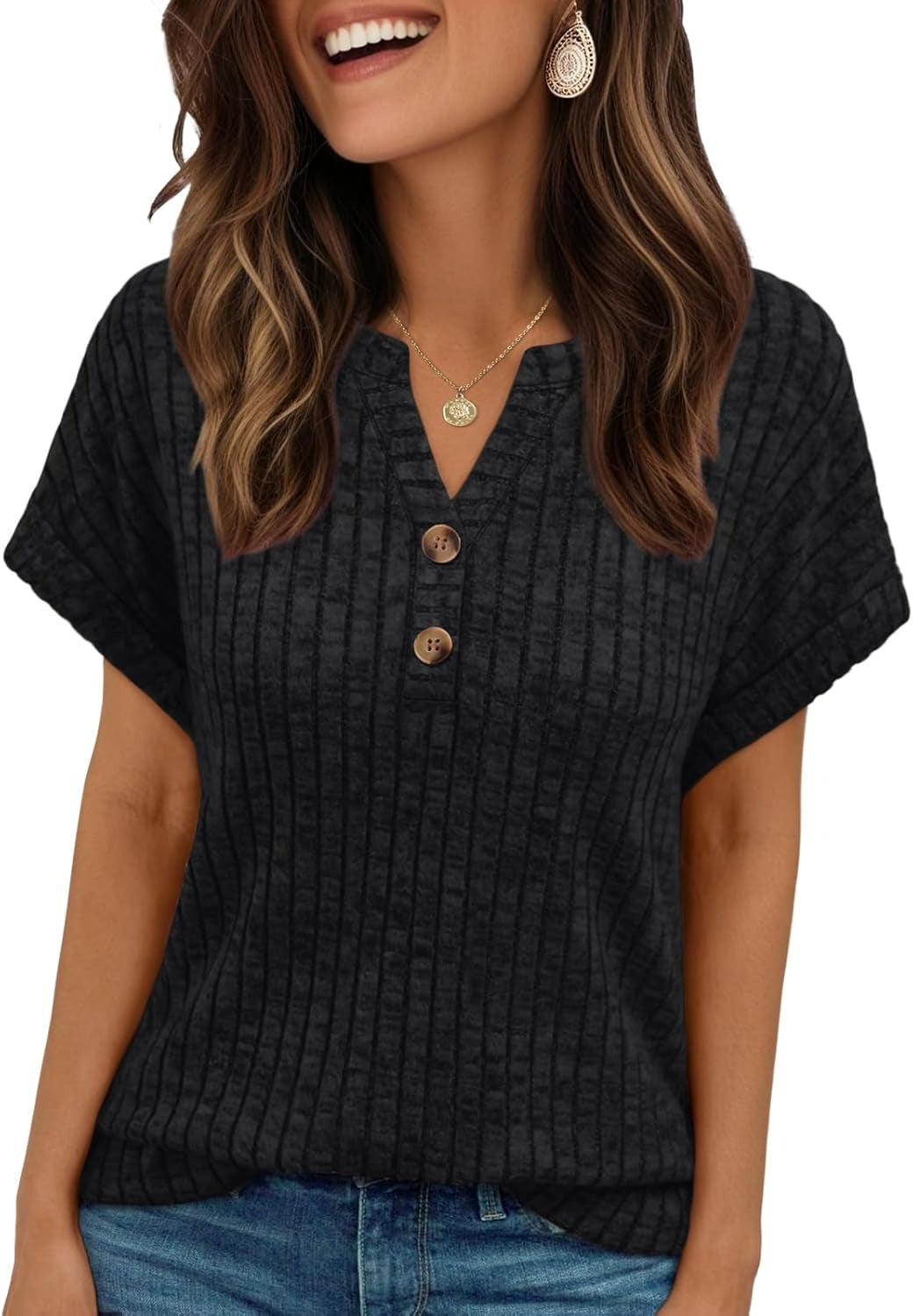 Women's Henley V Neck Loose Fit Tunic Top