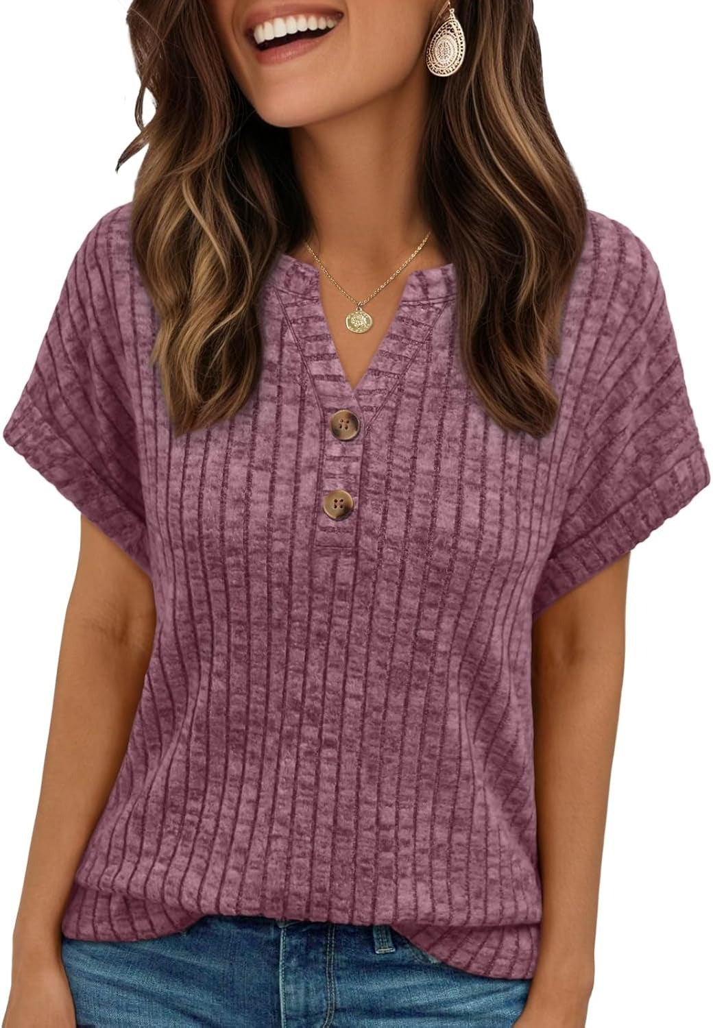 Women's Henley V Neck Loose Fit Tunic Top