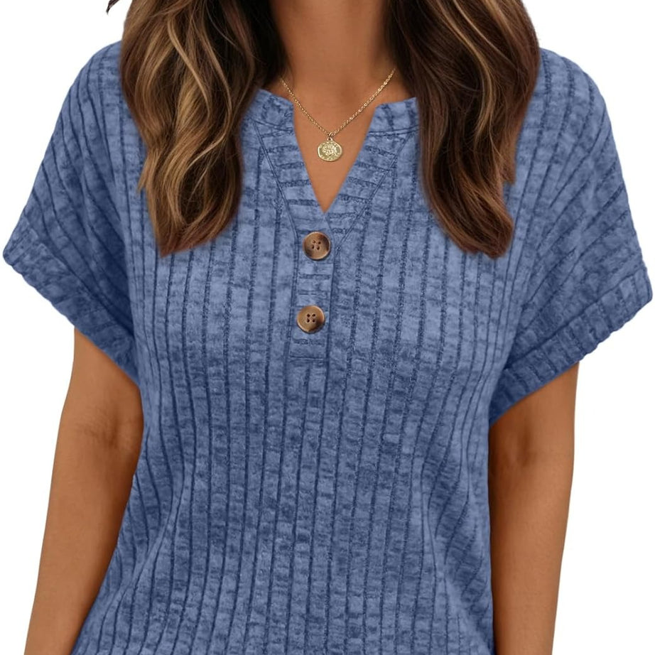Women's Henley V Neck Loose Fit Tunic Top