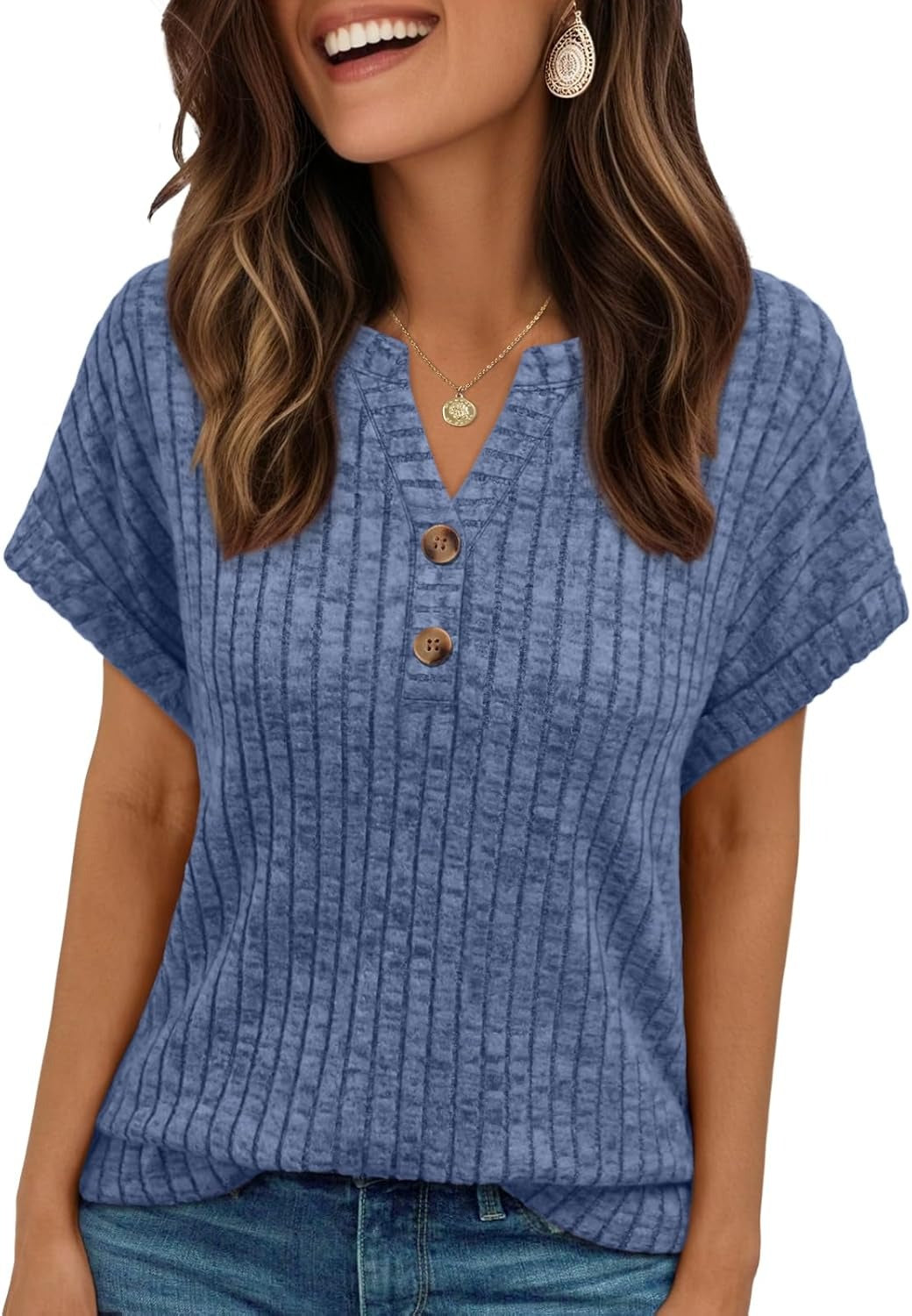 Women's Henley V Neck Loose Fit Tunic Top